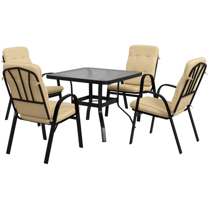 Outsunny 5 Pieces Outdoor Square Garden Dining Set w/ Tempered Glass Dining Table 4 Cushioned Armchairs, Umbrella Hole, Beige