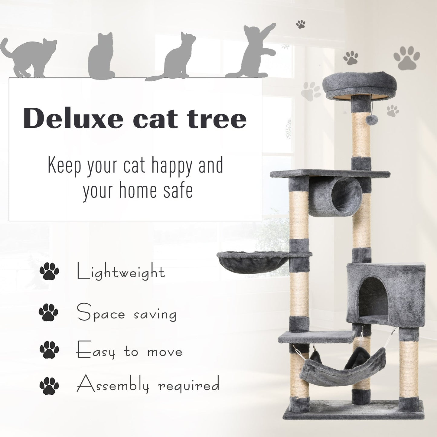 PawHut Cat Tree Condo Tower Multi-level Height 150CM  Kittens Activity Stand House with Toys & Various Scratching Posts