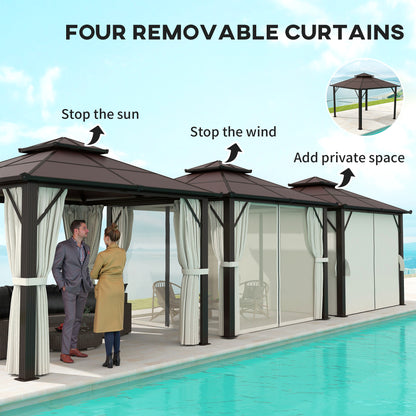 Outsunny 3 x 3(m) Hardtop Gazebo Canopy with UPF30+ Double Polycarbonate Roof, Aluminium Frame Garden Gazebo Permanent Pavilion with Mosquito Netting and Curtains for Patio, Deck, Beige