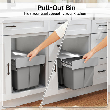 HOMCOM Pull Out Bin, Under Sink Bin - 3 Removable Compartments (15L + 2 x 8L) for 400mm Cabinets, Light Grey