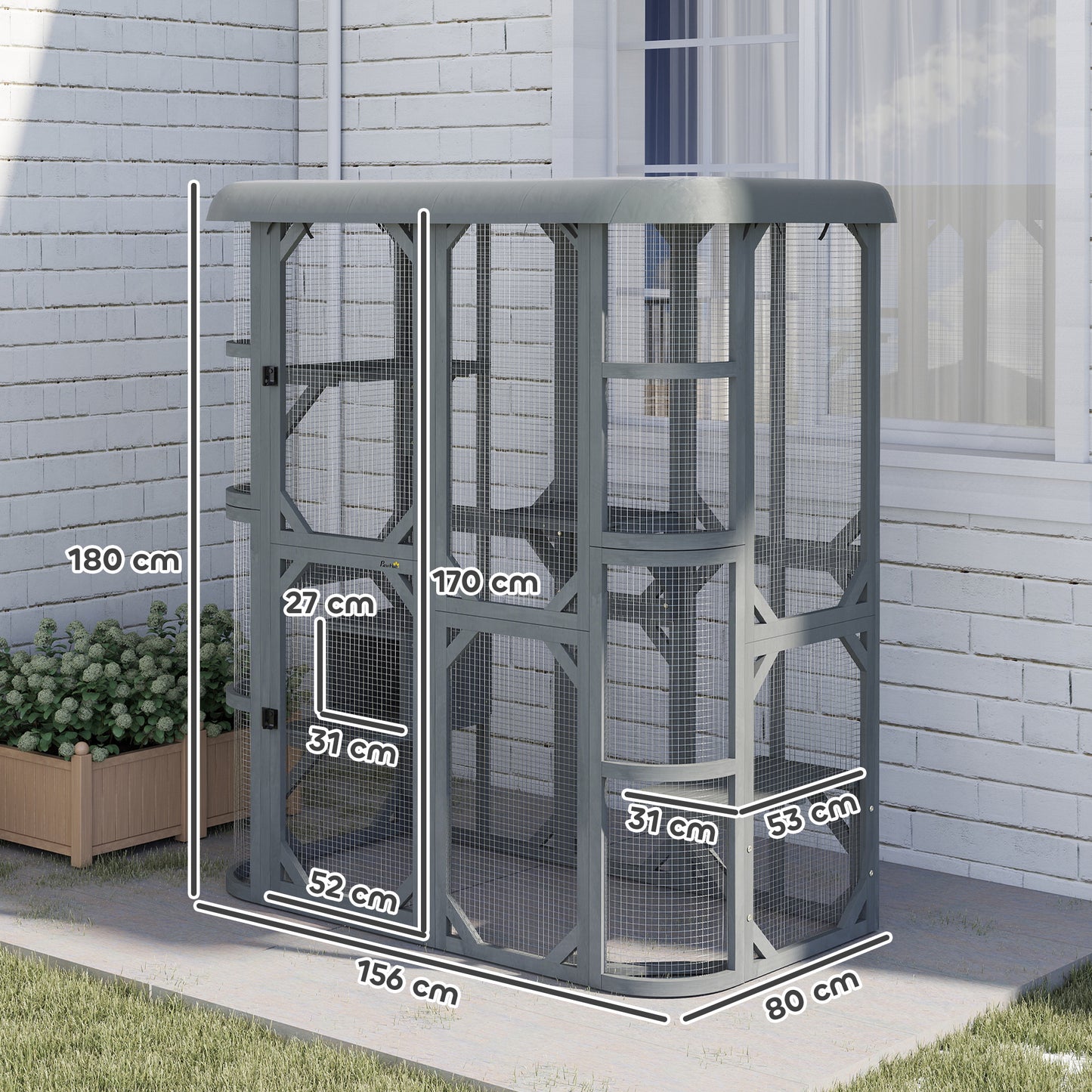 PawHut Catio Outdoor Cat Enclosure,  Wooden Cat House with Platforms, Condo and Waterproof Cover for 2â3 Kittens, Grey
