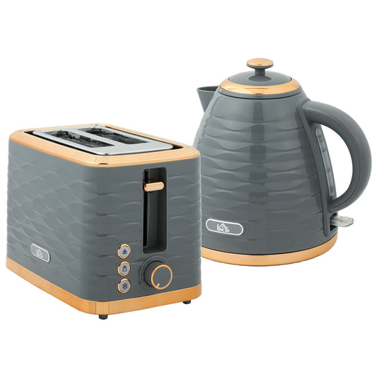 HOMCOM 3000W 1.7L Rapid Boil Kettle & 2 Slice Toaster, Kettle and Toaster Set with 7 Browning Controls and Crumb Tray, Grey