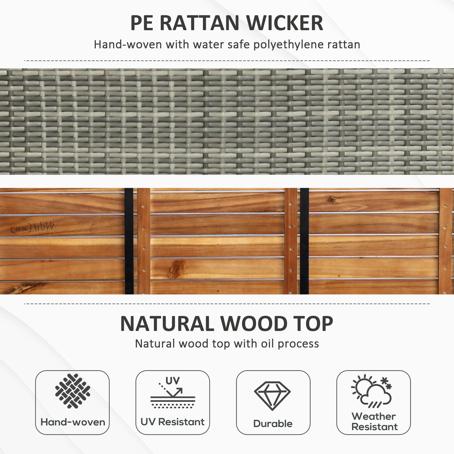 Outsunny Patio Wicker Storage Bench Box, Outdoor Garden PE Rattan Pool Storage Deck Bin Box z blatem z naturalnego drewna, pokrywką, idealny do przechowywania narzędzi, akcesoriów i zabawek, mieszany szary