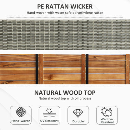 Outsunny Patio Wicker Storage Bench Box, Outdoor Garden PE Rattan Pool Storage Deck Bin Box z blatem z naturalnego drewna, pokrywką, idealny do przechowywania narzędzi, akcesoriów i zabawek, mieszany szary
