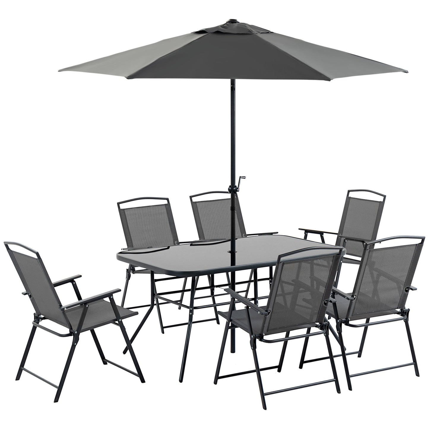 Outsunny Eight-Piece Garden Dining Set, with Chairs, Table and Parasol - Black