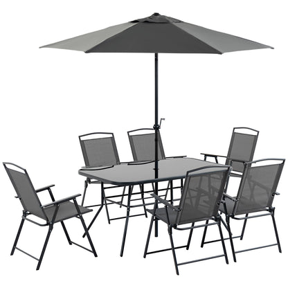 8 Pieces Metal Garden Furniture Set W/ Parasol And Folding Chairs, Patio Dining Set, 6 Seater Outdoor Table and Chairs with Tempered Glass Top, Black