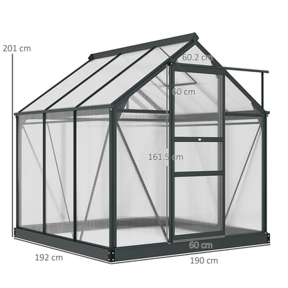 Outsunny 6 x 6ft Poliwęglanowa szklarnia, duża szklarnia z drzwiami przesuwnymi i oknem, domek do uprawy roślin ogrodowych z aluminiową ramą i fundamentem, szary