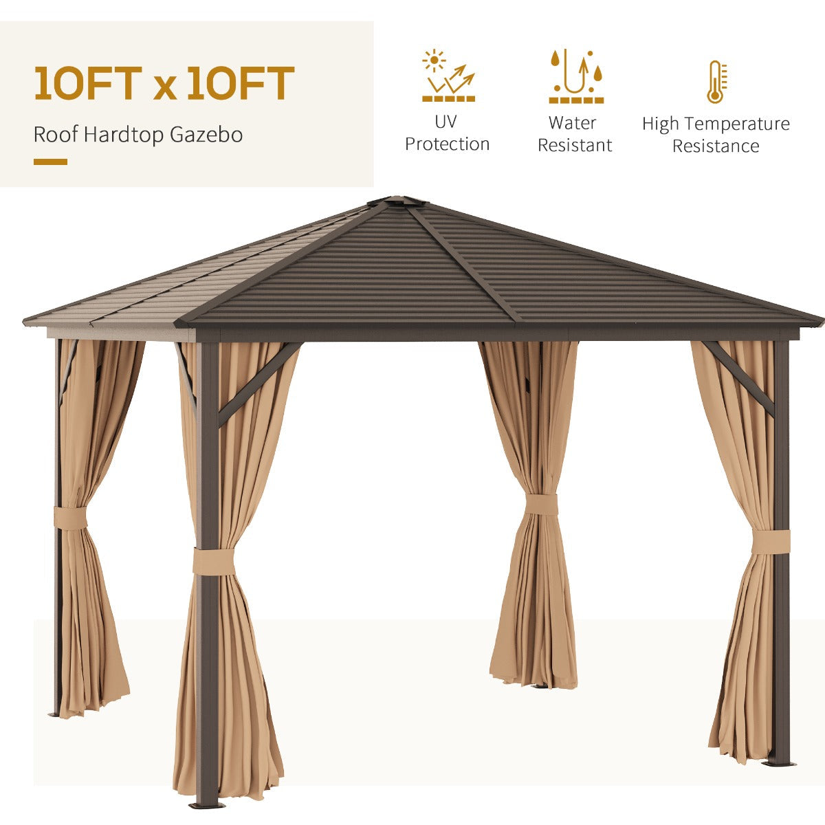 Outsunny 3 x 3 m Hardtop Gazebo with Netting and Curtains, Garden Gazebo Canopy Shelter with Metal Roof, Aluminium Frame, for Garden, Lawn, Deck, Brown