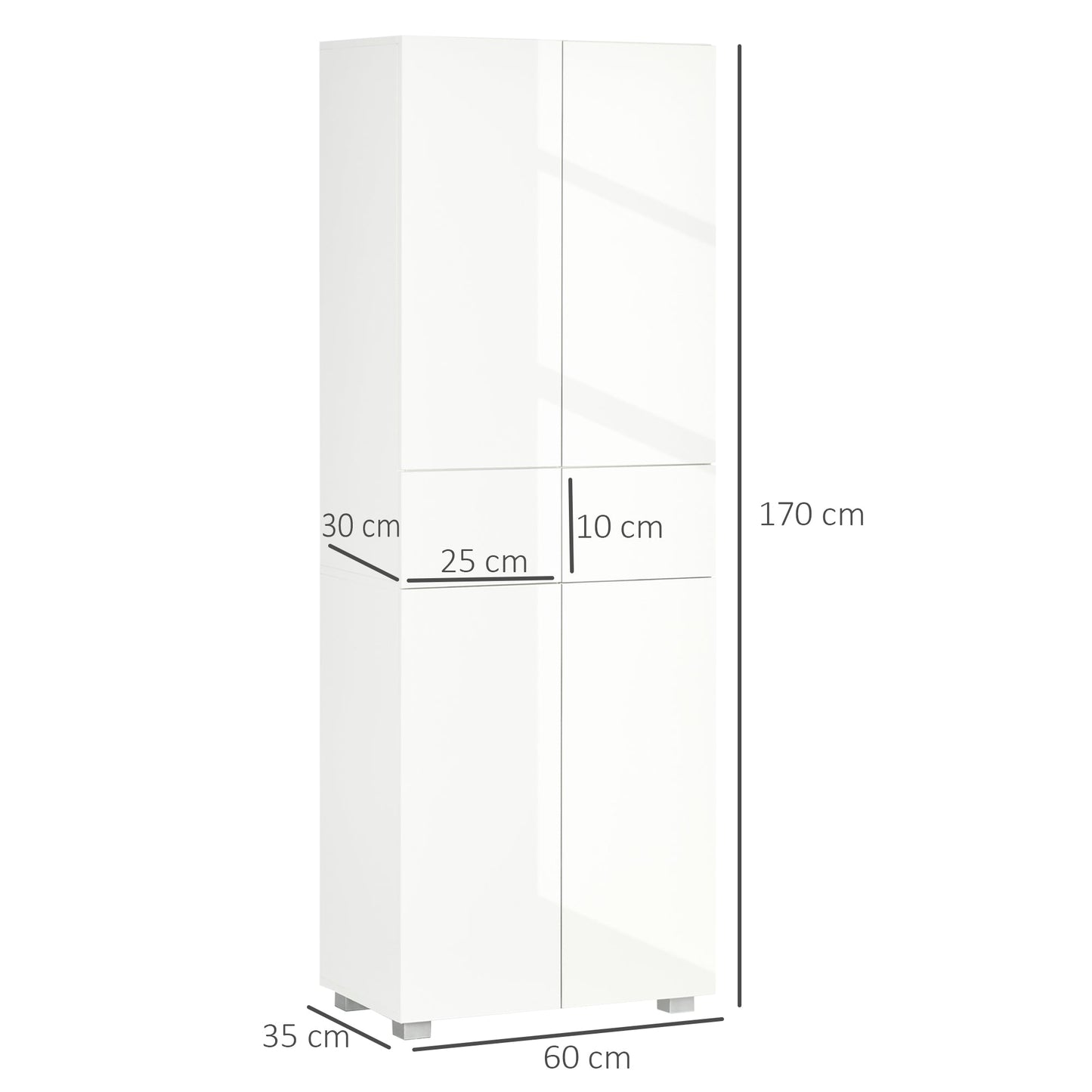 HOMCOM 4-Door Kitchen Cupboard, Tall Freestanding 5-Tier Storage Cabinet with 3 Adjustable Shelves, 2 Drawers for Living Room, Dining Room, Push to Open Design, High Gloss White