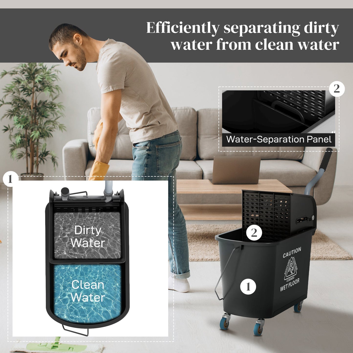 20L Mop Bucket with Wringer and Handle, Mop Bucket on Wheels for Floor Cleaning, Separate Dirty and Clean Water, Black