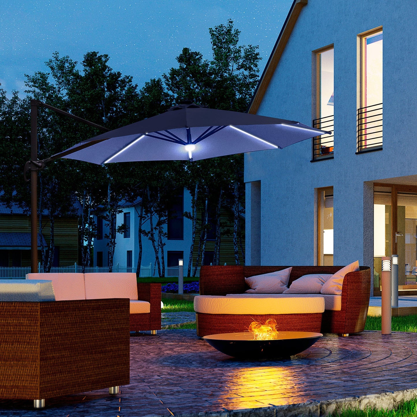 Outsunny 3(m) Cantilever Roma Parasol Garden Sun Umbrella فناء خارجي مع قاعدة متقاطعة من ضوء الشمس LED تدور 360 درجة، أزرق