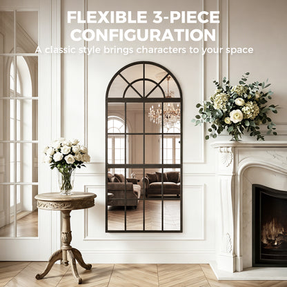 HOMCOM Large Arched Wall Mirror with Metal Grid, 3-Piece Split Window Mirrors, 120 x 54 cm, Black