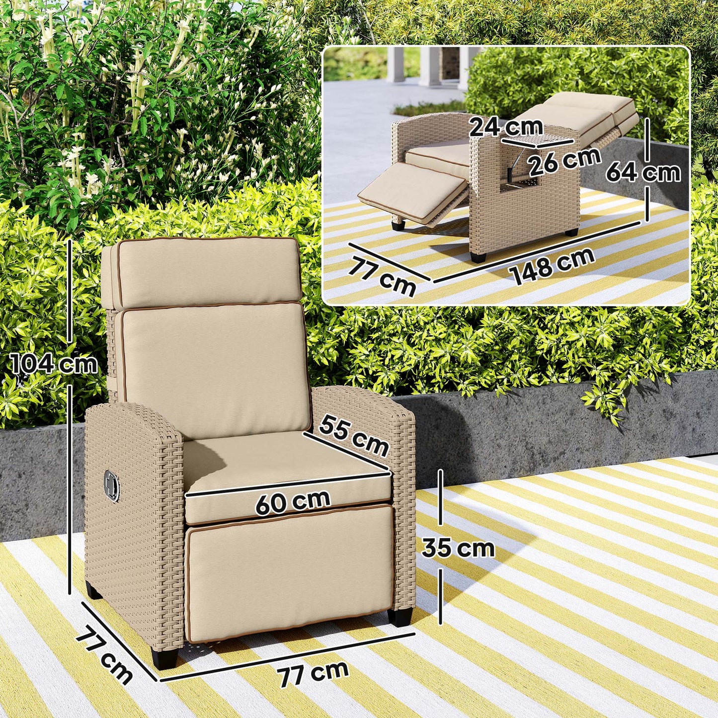 Fotel rattanowy Outsunny 145√Ç¬∞ z podnóżkiem - Khaki/Beżowy