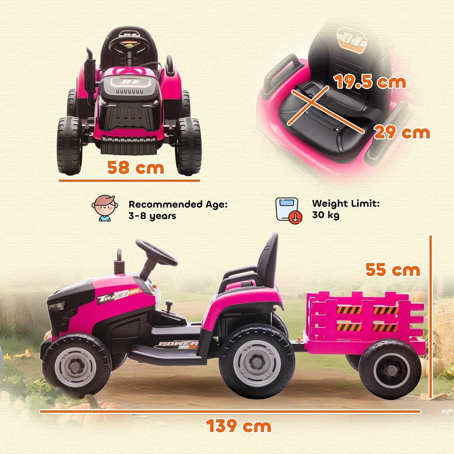 AIYAPLAY 12V Ride on Tractor and Trailer with Remote Control, Music, Shifter, Start-Up Sound, for Kids Ages 3-8 Years, Pink