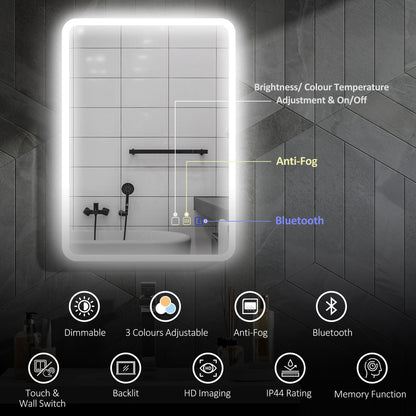 HOMCOM 70 x 50cm LED Bathroom Mirror, with Bluetooth - Silver Tone