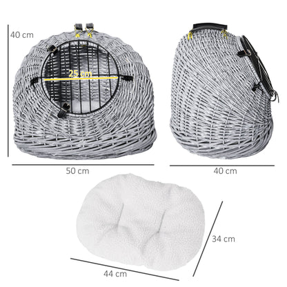 سلة حمل الحيوانات الأليفة من PawHut Wicker Pet Carrier Basket Cat Kitten Bed قفص سفر محمول مع مقبض مبطن ناعم، رمادي 50 × 40 × 40 سم