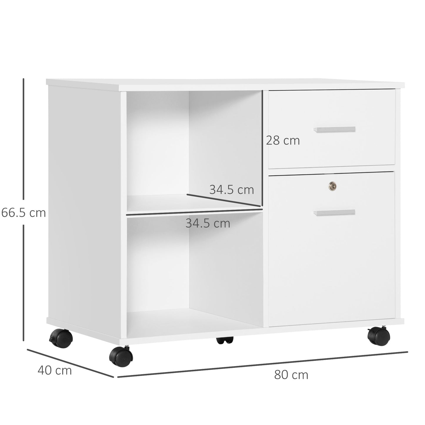 Vinsetto Filing Cabinet with Wheels, Mobile Printer Stand with Open Shelves and Lockable Drawer for A4 Size Documents, White