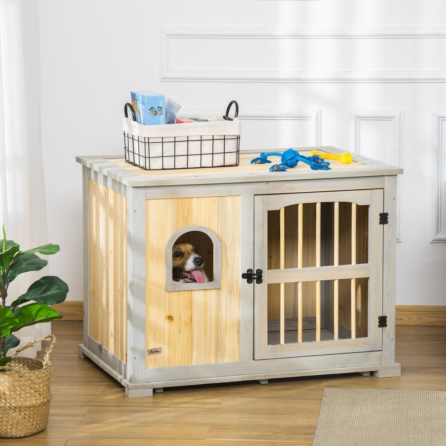 PawHut Wooden Dog Crate, End Table w/ Lockable Door and Window for Small and Medium Dog, Grey and Yellow, 95 x 65.5 x 70.5cm