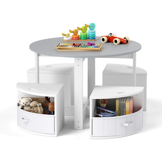 5 Piece Kids Table and Chair Set Round for 4 with 4 Fabric Drawers-Grey