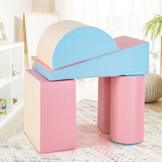 5 Pieces Kids Climb Crawl Activity Play Set with Safe Foam Blocks-Pink