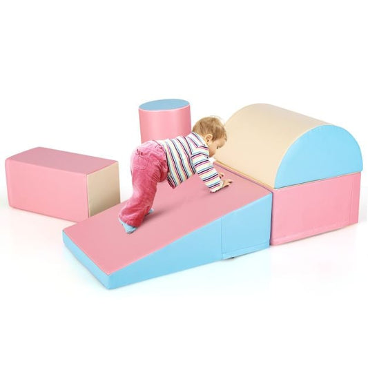 5 Pieces Kids Climb Crawl Activity Play Set with Safe Foam Blocks-Pink