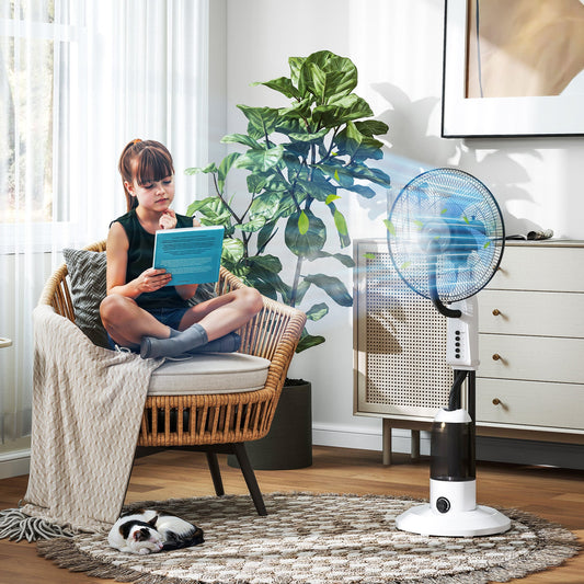 HOMCOM Spray Misting Fan, Floor Fan with Water Mist Spray, 70Â° Oscillation, Tilt Head, 3 Speeds, 2.8L Water Tank, White