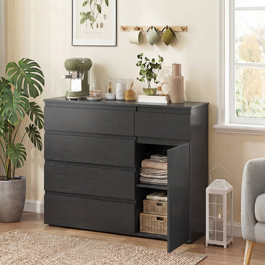 HOMCOM Modern Sideboard, Sideboard Storage Cabinet with 5 Drawers, Adjustable Shelf, Soft-Close Door, Black