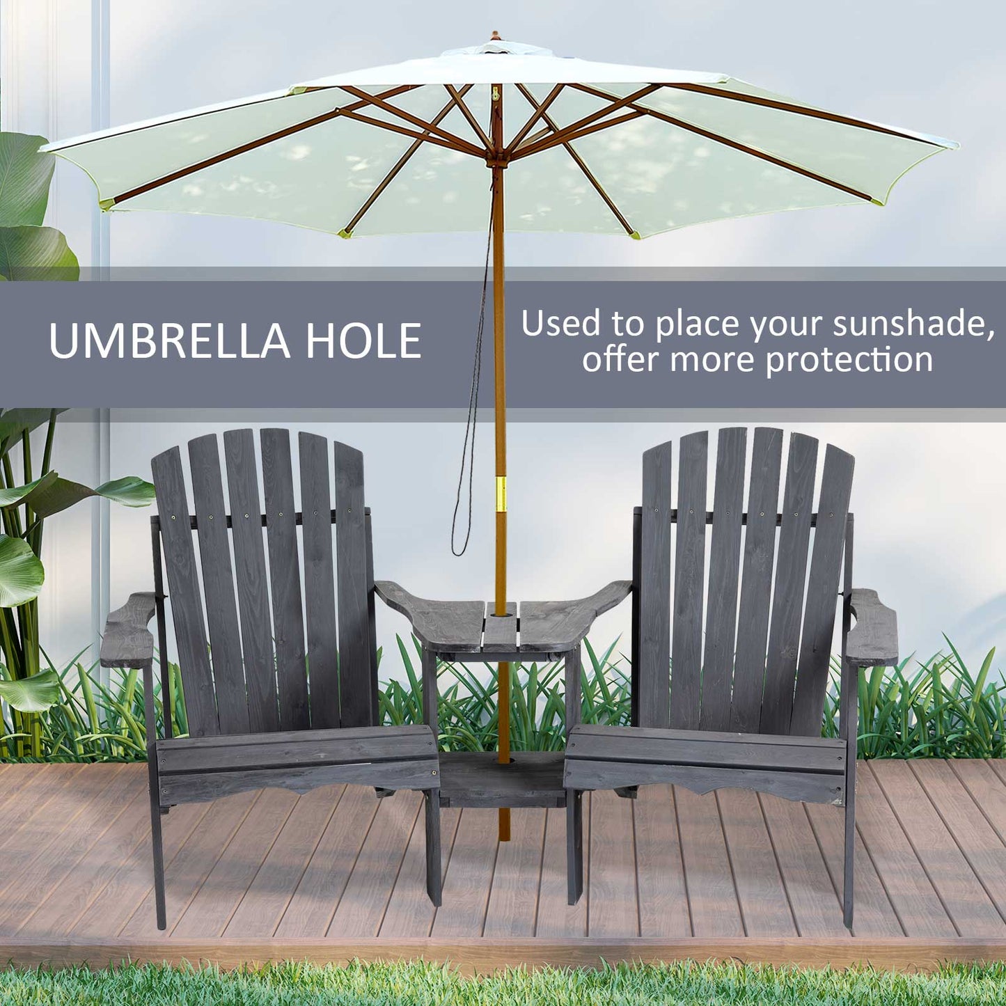 Outsunny Drewniane Podwójne Krzesła Adirondack Zewnętrzne Sofa Dwuosobowa ze Stolikiem Centralnym i Otworem na Parasol, Meble Ogrodowe Patio do Wypoczynku i Relaksu, Ciemnoszary