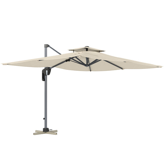 Outsunny 3,7 x 2,7 m parasol wysięgnikowy z obrotem 360√∞ i łatwą regulacją nachylenia, aluminiowy wiszący parasol ogrodowy z podwójnym dachem i podstawą krzyżową, UPF50+ wiszący parasol przeciwsłoneczny, efekt szarego drewna