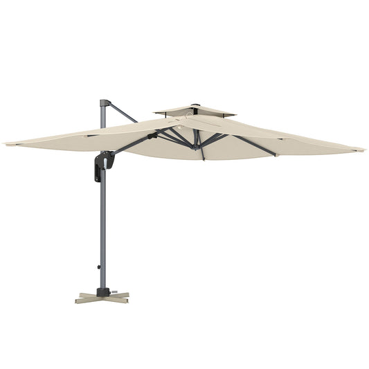 Outsunny 3.7 x 2.7 m Cantilever Parasol w/360 Rotation and Easy Tilt Adjustment, Aluminium Hanging Offset Outdoor Umbrella w/Double Top, Cross Base, UPF50+ Hanging Sun Shade, Grey Wood Effect Pole