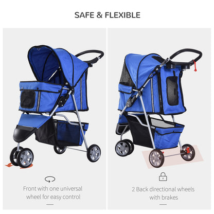 PawHut Dog Pram Pet Travel Stroller Dog Pushchair مع ثلاث عجلات - أزرق