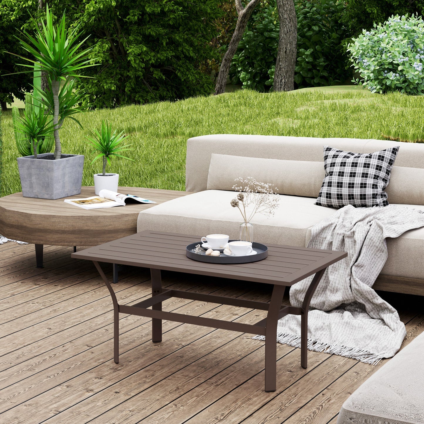 Outsunny Metal Garden Coffee Table, Rectangular Outdoor Side Table with Slatted Tabletop, Foot Pads for Outside, Garden, Balcony, Porch, 91.5 x 55 x 45cm, Brown