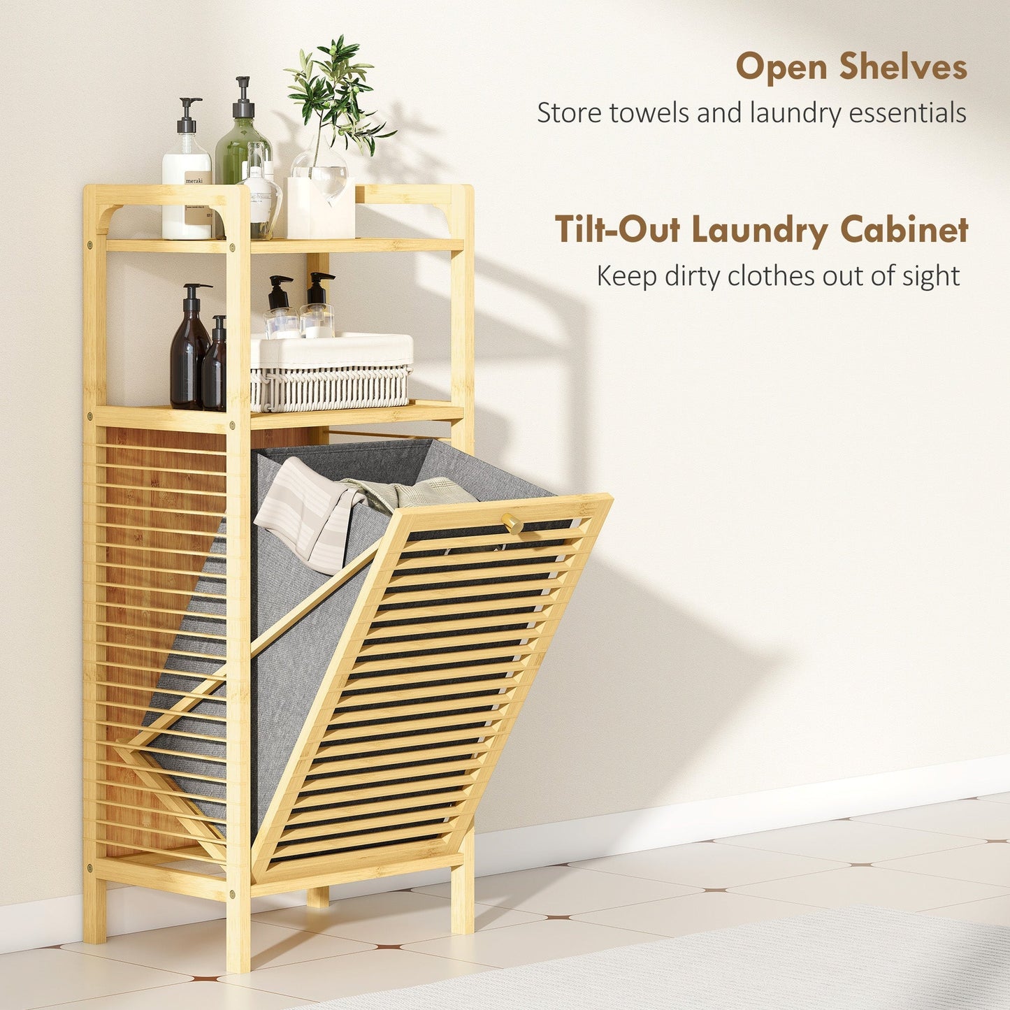 HOMCOM Bamboo Laundry Cabinet with Slatted Door, Bathroom Cabinet with Tilt-Out Hamper and Removable Liner Bag, 40 x 30D x 95 cm, Natural Wood Finish