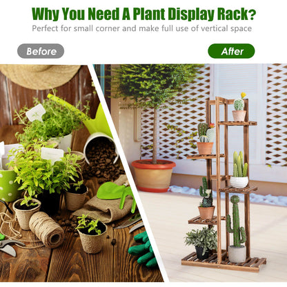 5-Tier Wood 6 Pots Plant Stand Free-standing Display Shelf