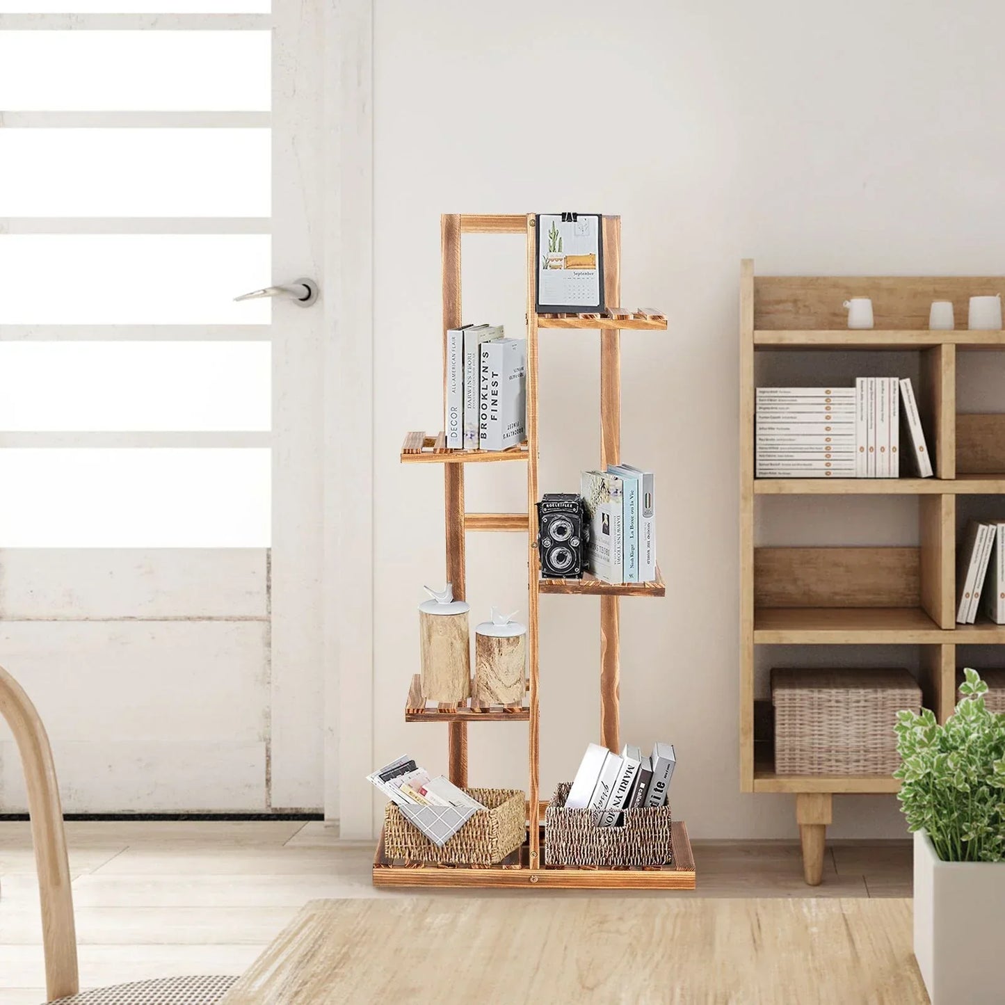 5-Tier Wood 6 Pots Plant Stand Free-standing Display Shelf