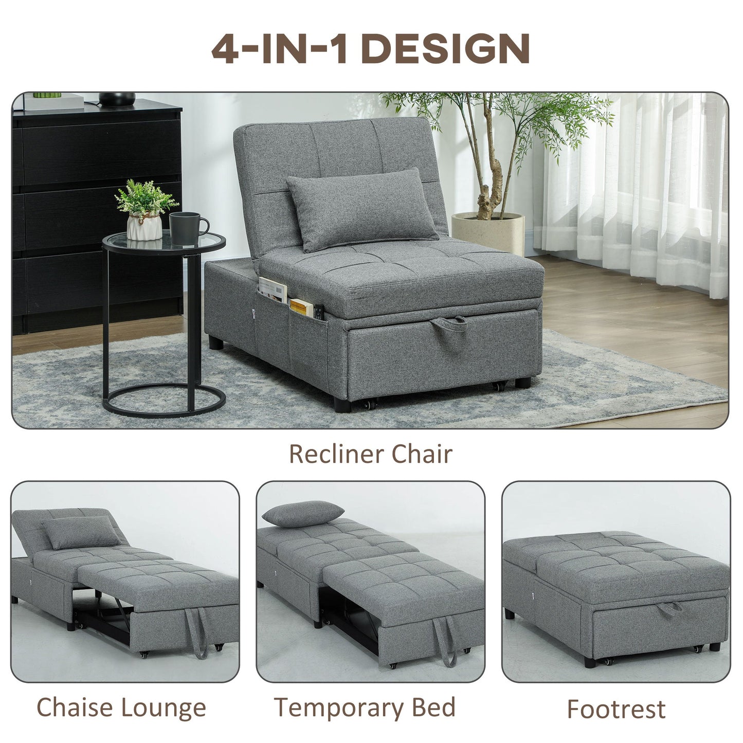 HOMCOM Four-In-One Single Sleeper Chair - Dark Grey