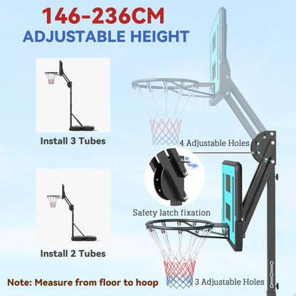 SPORTNOW Fully Adjustable Basketball Hoop Outdoor, 146-236cm Basketball Hoop and Stand with Weighted Base and Shatterproof Backboard, Portable on Wheels for Junior, Adults