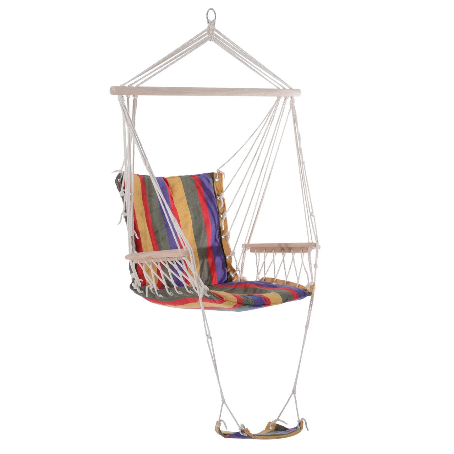 Outsunny Hanging Rope Chair with Soft Padded Seat & Backrest, Portable Garden Hammoc Chair with Wooden Support Bar, Armrests, Cotton Cloth, Footrest, for Patio & Tree, Red