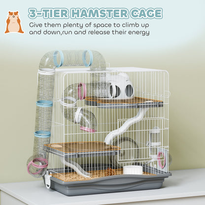 PawHut 3-Tier Hamster Cage with Exercise Wheels, Water Bottle, Food Dish, for Dwarf Hamsters, 45 x 30 x 45 cm, Grey