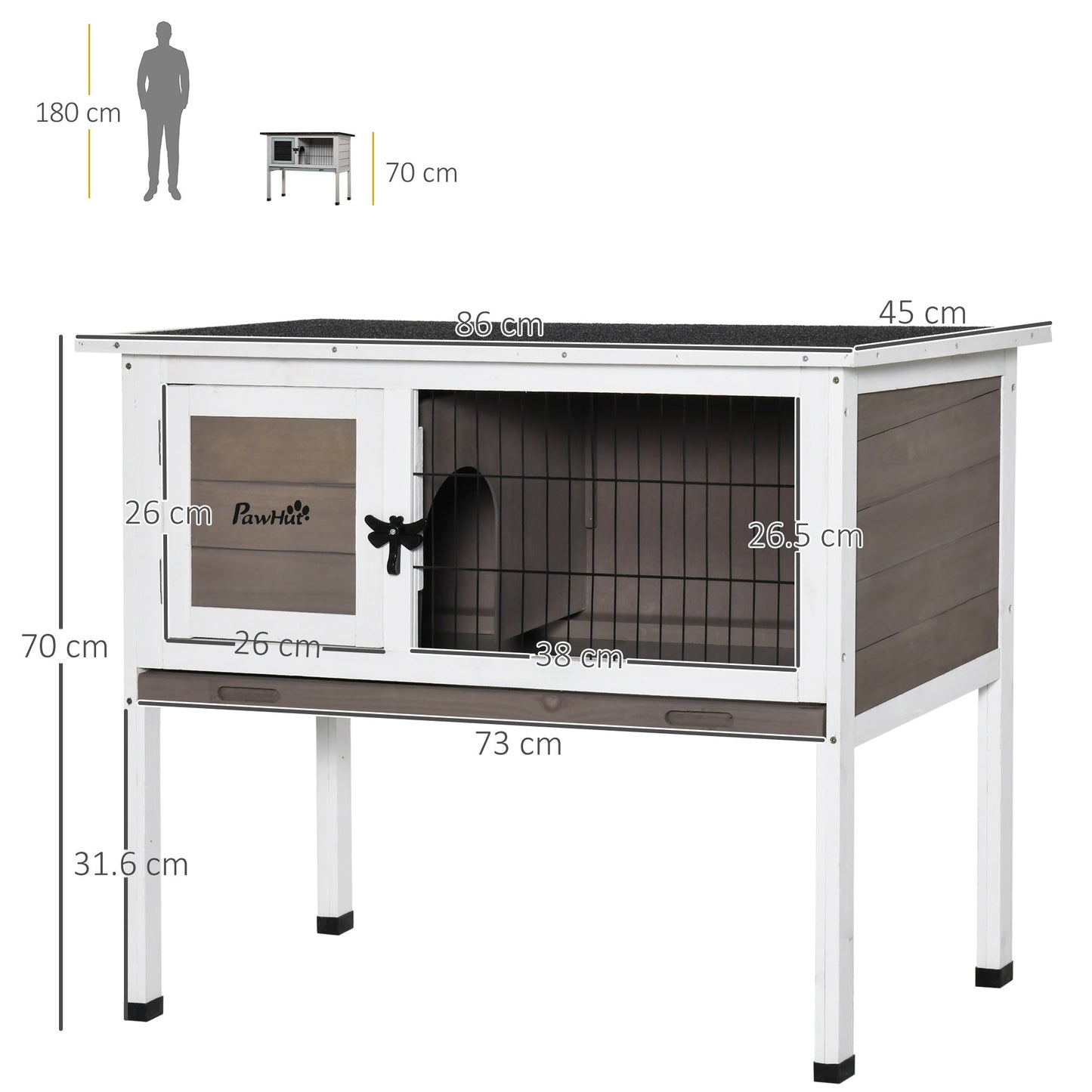 Pawhut Wooden Guinea Pig Hutch Bunny Cage Backyard Built in Tray Openable Asphalt Roof Small Animal House 86 x 45 x 70 cm Brown