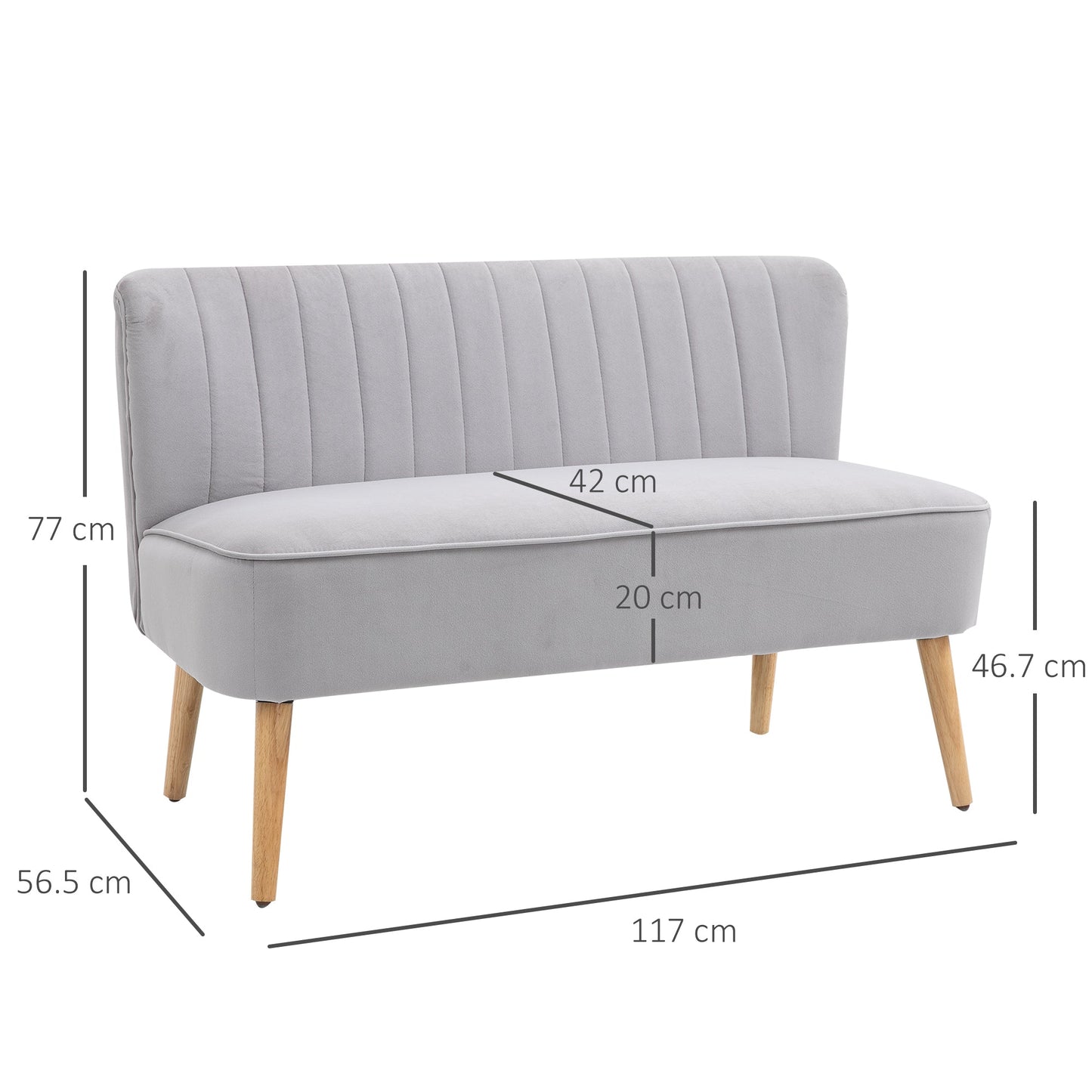 HOMCOM Modern Velvet Double Seat Sofa w/ Wood Frame Foam Padding High Back Soft Comfortable Compact Couch Light Grey