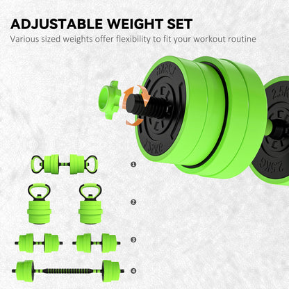 SPORTNOW 30kg Four-In-One Adjustable Weight Dumbbells Set, Barbell, Kettlebell, Push Up Stand - Green