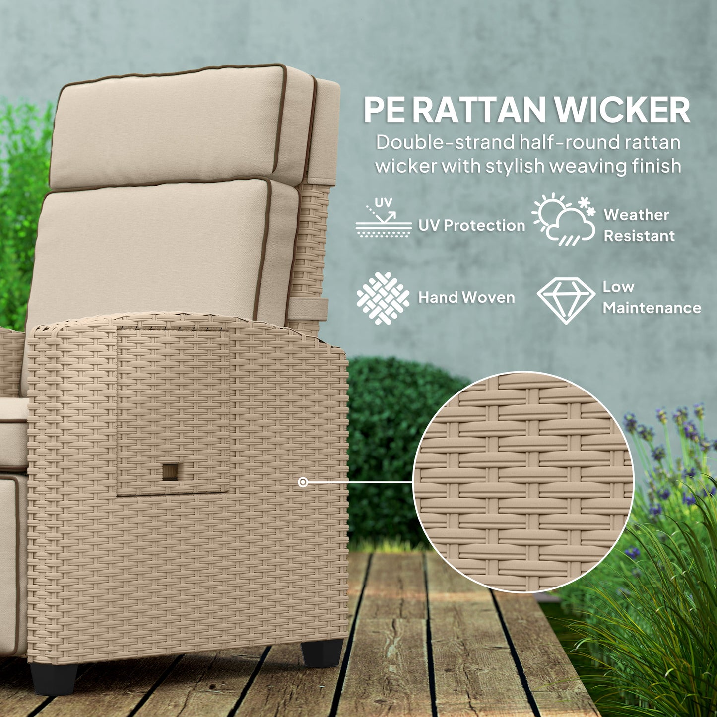 Fotel rattanowy Outsunny 145√Ç¬∞ z podnóżkiem - Khaki/Beżowy