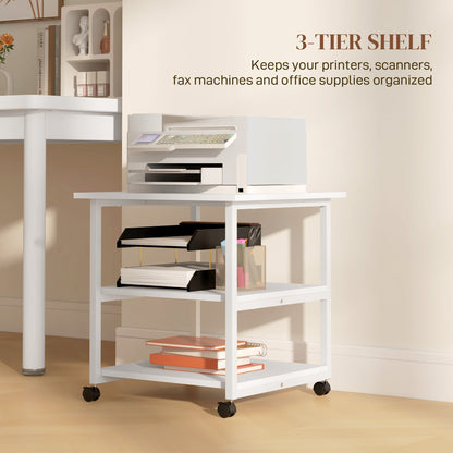 3-Tier Printer Stand with Storage Shelf, Mobile Printer Table on Wheels, 50 x 50 x 52.5cm Rolling Printer Cart for Home Office, White