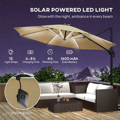Outsunny 3(m) Adjustable Cantilever Parasol with Base, Solar LED Lights, Khaki