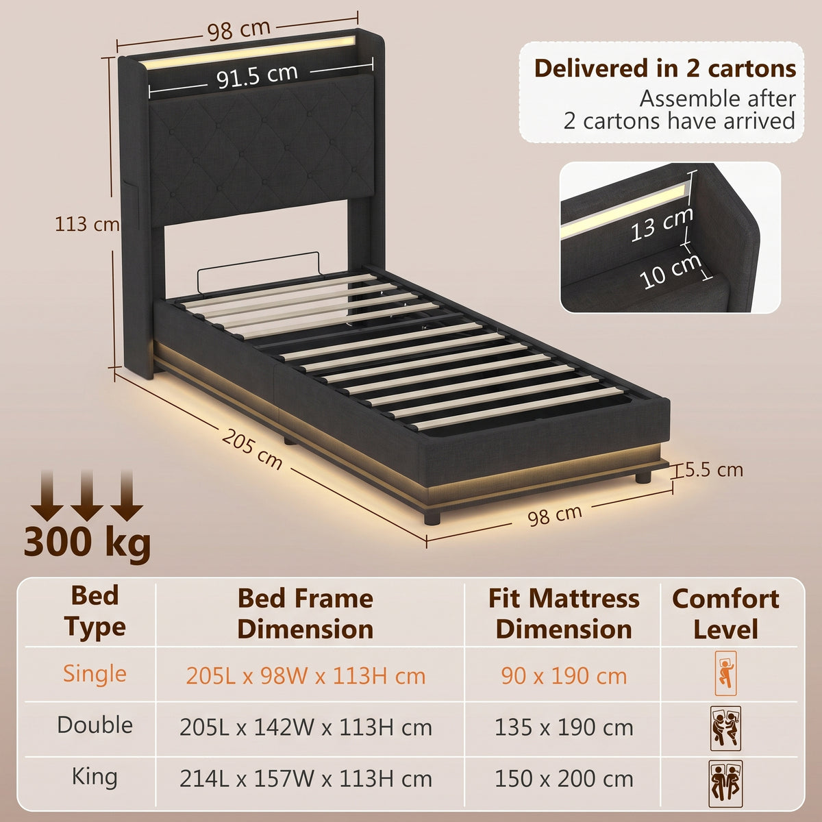 HOMCOM 3ft Single Bed Frame with Headboard, Platform Bed Frame with Hydraulic Storage, LED Lights and Charging Station, Black