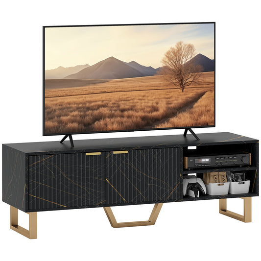 HOMCOM Szafka pod telewizor z efektem marmuru, szafka pod telewizor do telewizorów 70", nowoczesna szafka pod telewizor z półkami i szafką do przechowywania, drzwiczki żłobkowane, dodatkowa noga środkowa, zarządzanie kablami do salonu, czarna