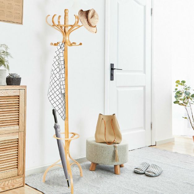 Practical Birch Coat Stand with 360°Rotating Top Tier for Hat &amp; Jacket Oak