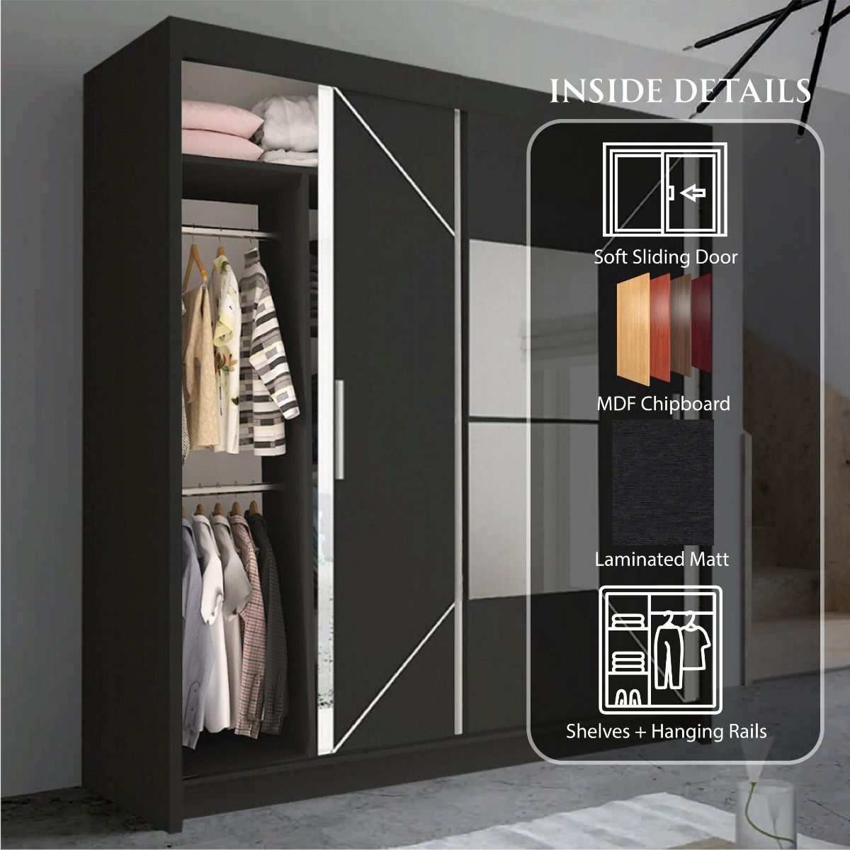 Bartholomew Mirrored Sliding Wardrobe - Grey