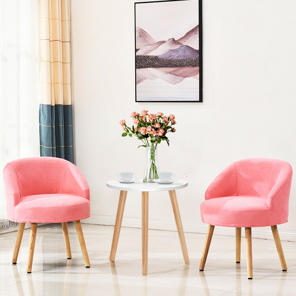 Round Occasional/Side Table with Natural Wood Legs for Home and Office-White